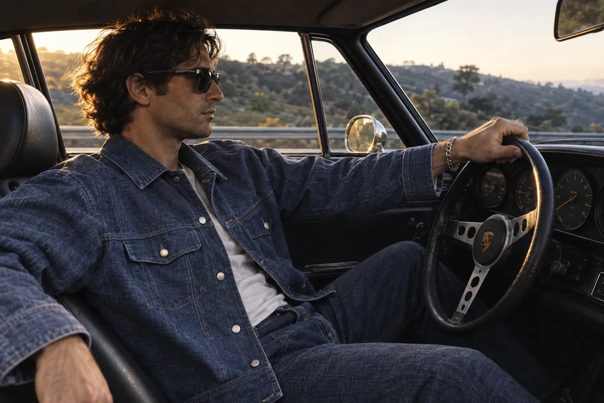 Lover Boy Pullover and Jeans — walking, hard cast shadow.