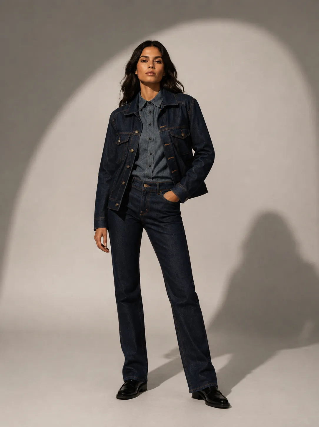 full uniform denim studio photoshoot